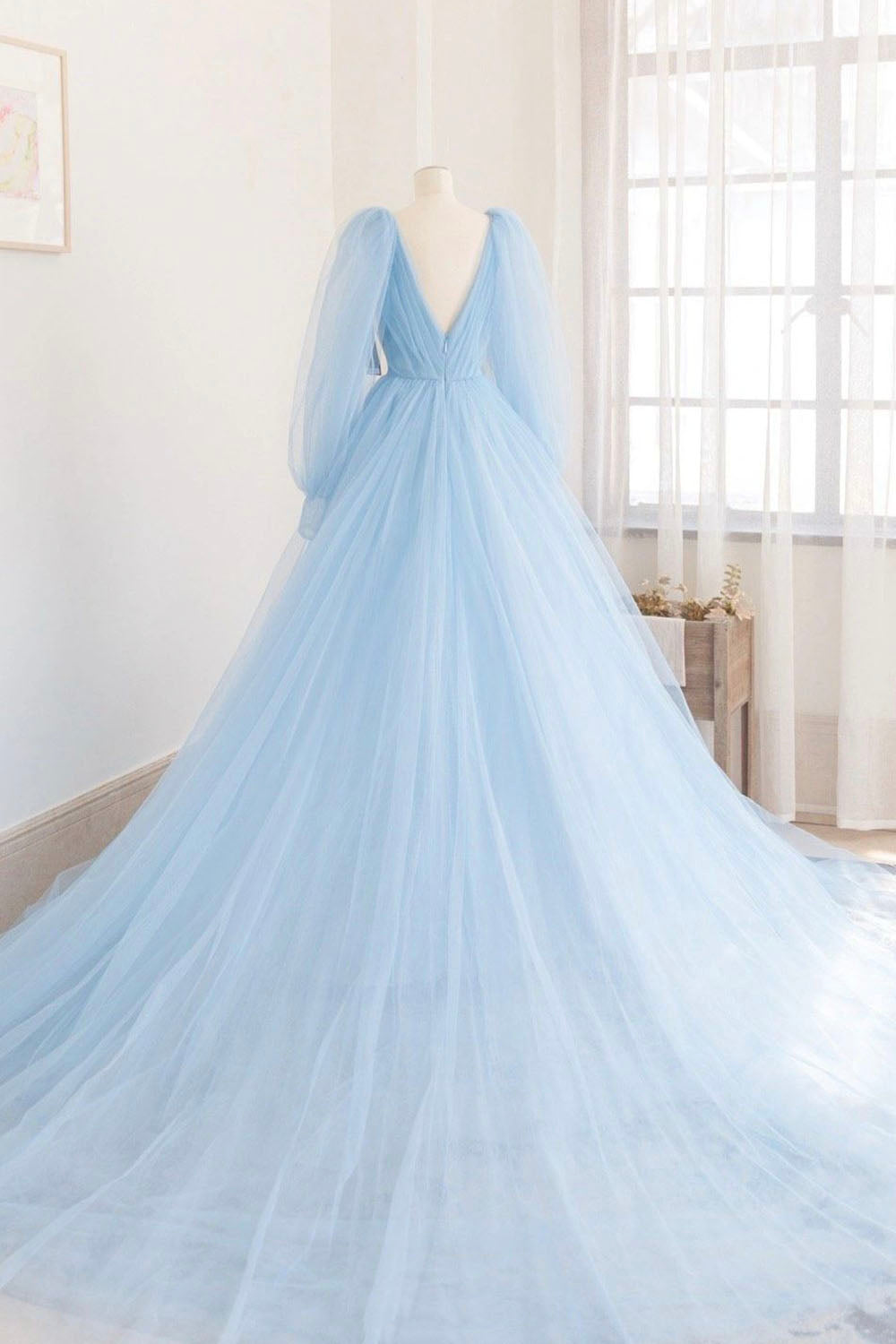 Prom Look, Blue V-Neck Tulle Long Prom Dress, Long Sleeve A-Line Evening Party Dress