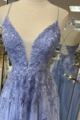 Prom Dresses Dark Blue, Periwinkle Floral Lace Plunge V A-Line Prom Dress with Slit