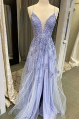 Prom Dresses 2039 Black, Periwinkle Floral Lace Plunge V A-Line Prom Dress with Slit