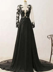 Formal Dressing For Ladies, Black Long Sleeves Chiffon With Lace Evening Dress, Black A-Line Party Dress With Leg Slit
