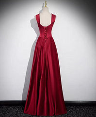 Formal Dresses For Weddings Guest, A-Line Sleeveless Wine Red Satin Evening Dress, Wine Red Long Prom Dress