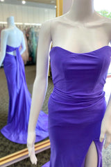Homecoming Dress Tights, Purple Strapless Tie-Back Mermaid Long Formal Dress with Slit
