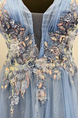 Formal Dresses For Wedding, Fairy-Tale Blue Floral Appliques Off-the-Shoulder A-Line Prom Gown