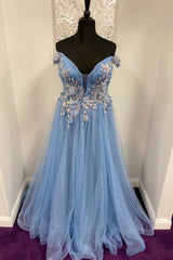 Formal Dress For Weddings, Fairy-Tale Blue Floral Appliques Off-the-Shoulder A-Line Prom Gown