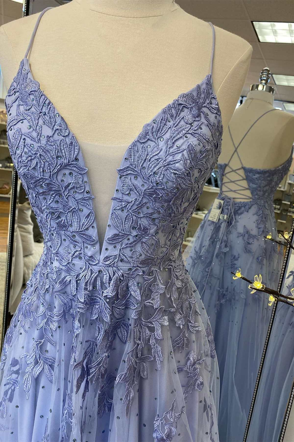 Formal Dresses Royal Blue, Lavender Tulle V-Neckline Long Party Dress, Lavender Straps Prom Dress Formal Dress