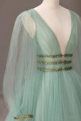 Prom Dresses Mermaide, Green V-Neck Tulle Long Prom Dress, Long Sleeve Evening Dress