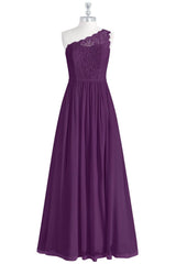 Blue Prom Dress, One-Shoulder Purple Lace A-Line Long Bridesmaid Dress with Slit