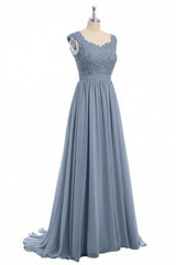 Evening Dress Open Back, Dusty Blue Lace Cap Sleeve A-Line Floor-Length Bridesmaid Dress
