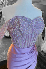 Flower Girl Dress, Lilac Beaded Off-the-Shoulder Long Formal Dress with Slit
