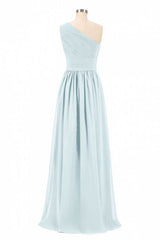 Prom Dress 2034, Dusty Blue Chiffon One-Shoulder Banded Waist Bridesmaid Dress