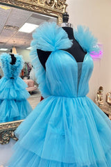 Prom Dress Gowns, Blue Tulle Ruffles Multi-Layers Plunging V Neck Long Prom Dress