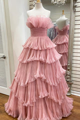 Prom Dresses Online, Candy Pink Tulle A-line Strapless Ruffles layers Long Prom Dress