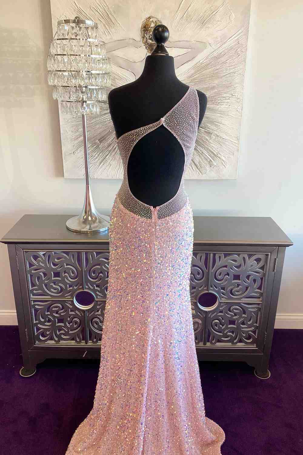 Prom Dress Vintage, Pink Mermaid One Shoulder Sequins Keyhole Long Prom Dress with Slit