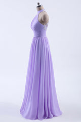 Spring Dress, High Neck Lavender Chiffon Empire A-line Long Bridesmaid Dress
