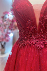 Homecoming Dresses Styles, Red Plunging V Neck Double Straps Beaded Appliques Pleated Long Prom Dress