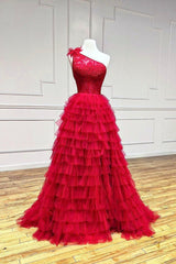 Evening Dresses Online, Red Tulle Lace Long Prom Dresses, One Shoulder Evening Dresses