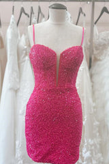 Party Dresses For Christmas Party, Hot Pink V Neck Straps Sequins Sheath Homecoming Dress