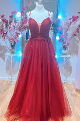 Homecoming Dress Styles, Red Plunging V Neck Double Straps Beaded Appliques Pleated Long Prom Dress