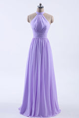 Party Dress Beige, High Neck Lavender Chiffon Empire A-line Long Bridesmaid Dress
