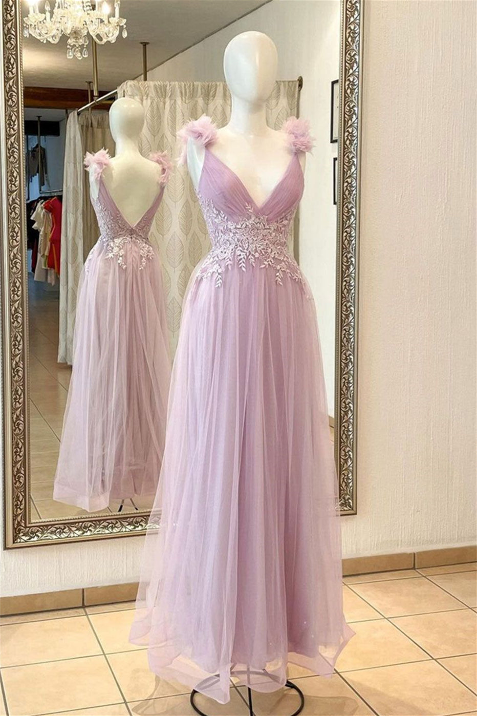 Prom Dress With Pocket, Pink Deep V Neck Flowers Pleated Appliques Long Prom Dress