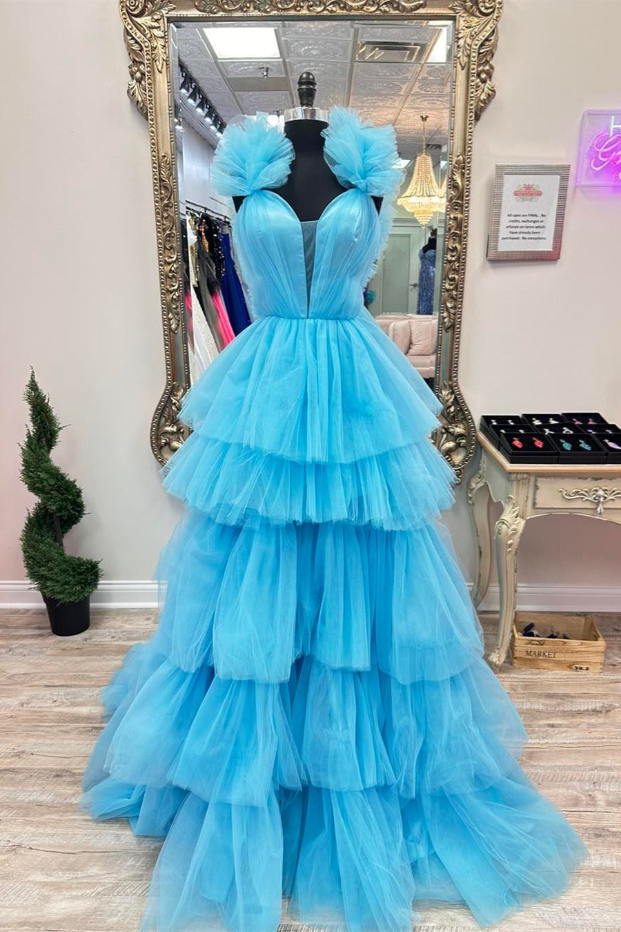 Prom Dresses For Short Girls, Blue Tulle Ruffles Multi-Layers Plunging V Neck Long Prom Dress