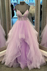 Winter Wedding, Lilac Tulle Lace V-Neck Tiered Layers A-Line Prom Dress