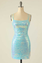Bridesmaid Dress Mauve, Light Blue Sequin Lace-Up Mini Homecoming Dress