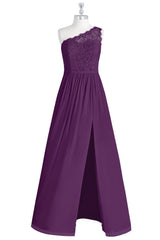 Mini Dress, One-Shoulder Purple Lace A-Line Long Bridesmaid Dress with Slit