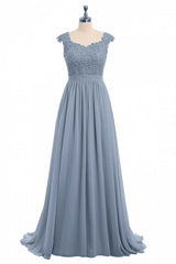 Evening Dress With Sleeve, Dusty Blue Lace Cap Sleeve A-Line Floor-Length Bridesmaid Dress