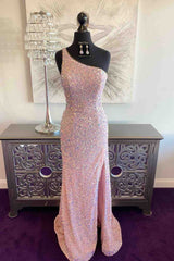 Prom Dress Affordable, Pink Mermaid One Shoulder Sequins Keyhole Long Prom Dress with Slit