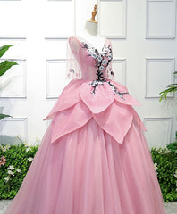 Beauty Dress, Pink V Neck Tulle Lace Applique Long Prom Dress, Pink Evening Dress, 1