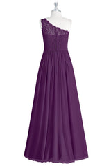 Black Wedding Dress, One-Shoulder Purple Lace A-Line Long Bridesmaid Dress with Slit