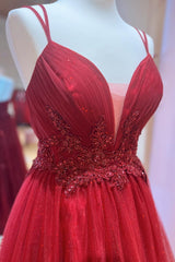 Homecoming Dresses Style, Red Plunging V Neck Double Straps Beaded Appliques Pleated Long Prom Dress