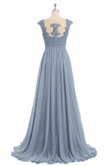 Evening Dress Green, Dusty Blue Lace Cap Sleeve A-Line Floor-Length Bridesmaid Dress