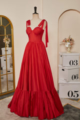 Homecoming Dress Vintage, Red Bow Tie Straps A-line Satin Long Prom Dress