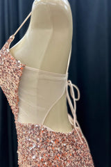 Prom Dress Sites, Pink Mermaid V Neck Lace-Up Back Sequins Long Prom Dress with Slit