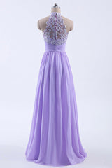 Simple Dress, High Neck Lavender Chiffon Empire A-line Long Bridesmaid Dress