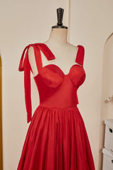 Homecomming Dress Vintage, Red Bow Tie Straps A-line Satin Long Prom Dress