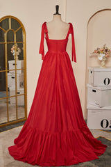 Homecomeing Dresses Vintage, Red Bow Tie Straps A-line Satin Long Prom Dress