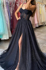 Prom Dresses Near Me, Black A Line Spaghetti Straps Prom Dresses with Slit, Sparkly Evening Gown
