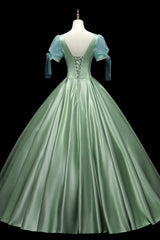 Blue Dress, Green Satin Long A-Line Ball Gown, Green Short Sleeve Evening Gown