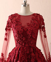 Formal Dresses Long Sleeve, Burgundy Lace Satin Long Prom Dress, Burgundy Lace Evening Dress