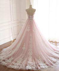 Party Dresses Store, Pink Sweetheart Lace Tulle Long Prom Dress, Lace Pink Evening Dress