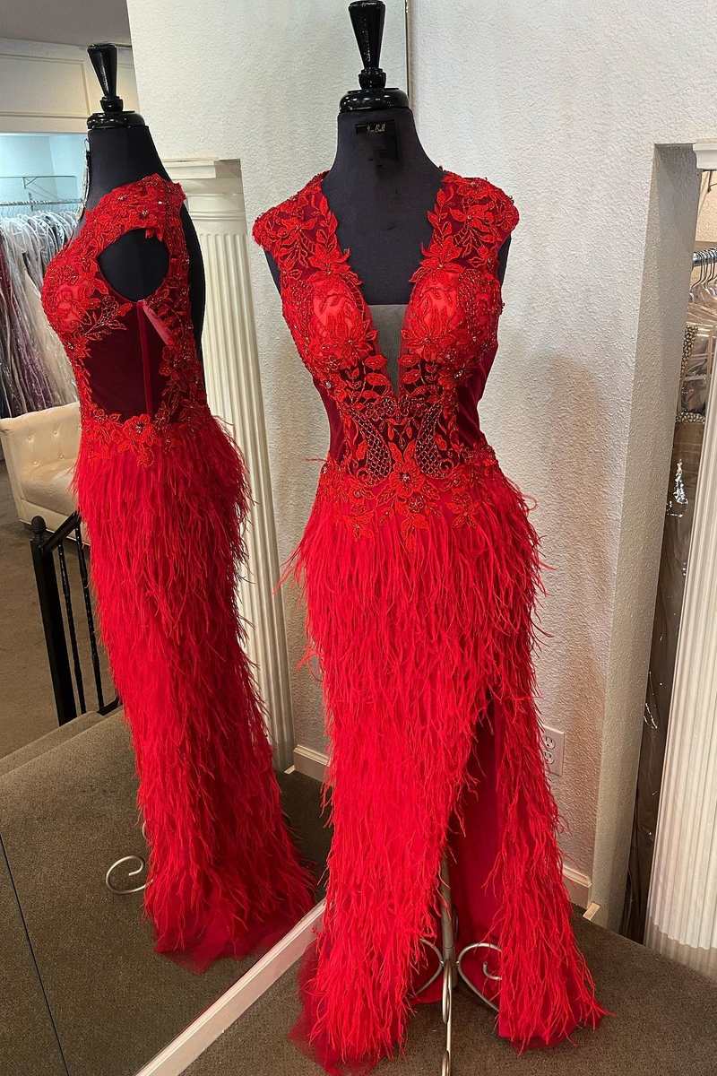 Homecoming Dresses Unique, Red Lace Feather V-Neck Long Prom Dress with Slit