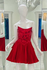 Evening Dresses For Over 55S, Red Strapless Mirror-Cut Sequins Top A-line Homecoming Dress
