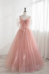Homecoming Dress Modest, Pink Tulle Beaded Long Prom Dress, A-Line Evening Dress with Bow