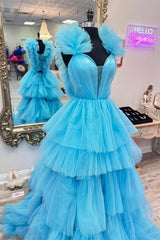 Prom Dresses Gowns, Blue Tulle Ruffles Multi-Layers Plunging V Neck Long Prom Dress
