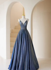 Formal Dress Shopping, Blue V-Neckline Straps Low Back A-Line Prom Dress, Blue Long Evening Dress