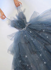 Party Dress Hijab, Blue Shiny Tulle Layers Straps Beaded Long Prom Dress, A Line Chic Evening Dress