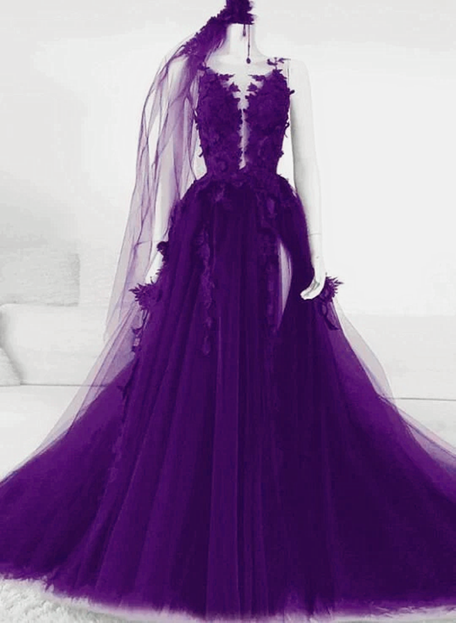 Formal Dress Website, Purple Tulle With Lace Applique Long Party Dress, A-Line Tulle Formal Dress